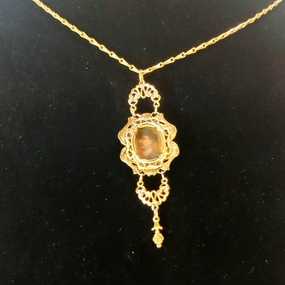 Vintage Victorian Style Gold-Tone Filigree Portrait Pendant Necklace Ornate - Picture 1 of 6